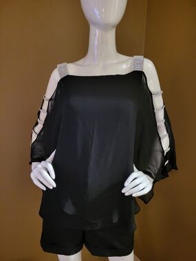 MSK Black Cold-Shoulder Chiffon Blouse with Rhinestone Straps